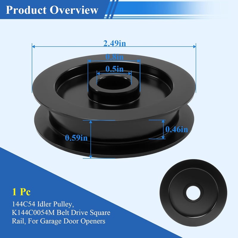 WFCYX 1 Pc 144C54 Metal Idler Pulley, K144C0054M Belt Drive Square Rail, For Garage Door Openers, Fits All LiftMaster Chamberlain Craftsman Belt Drive Square Rail Garage Door, 1/2 inch I.D., 2-1/2 inch O.D. - Image 2